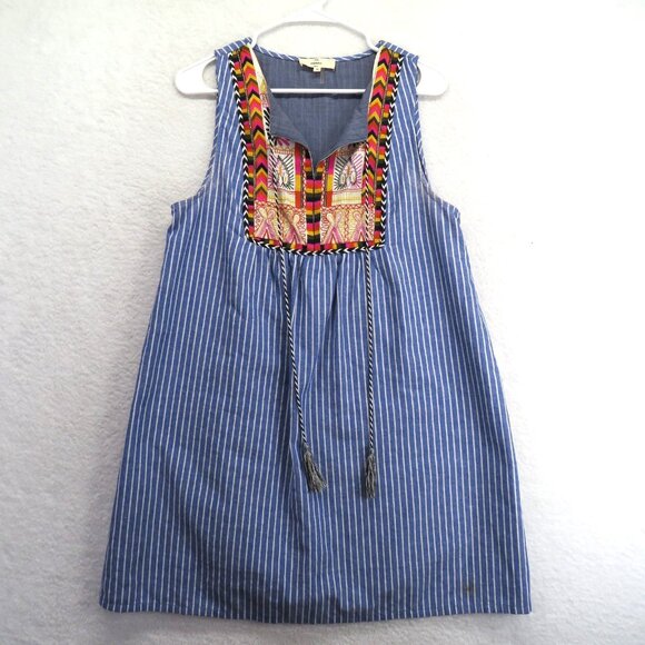 entro Dresses & Skirts - Entro Dress Womens Medium Blue White Striped Sleeveless Embroidered Boho Cotton